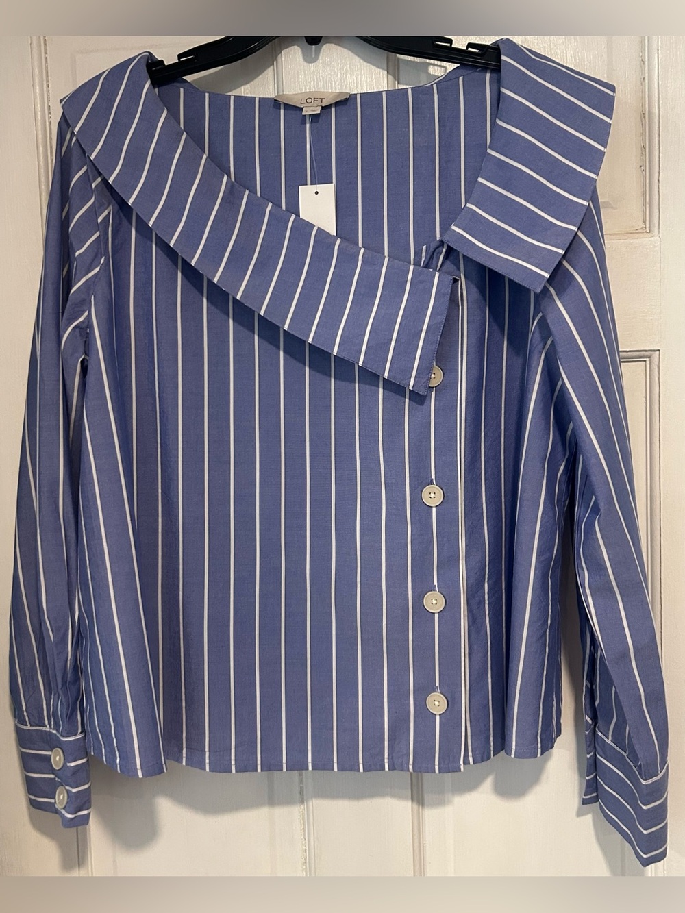 LOFT Asymmetrical Stripe Blouse NWT Blue White Button Front Cotton Blend